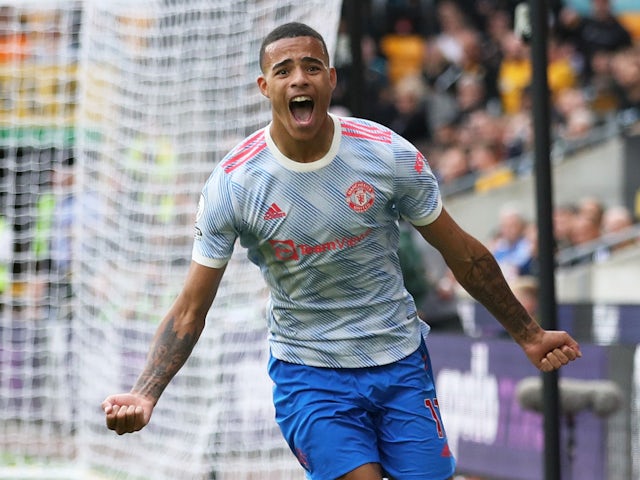 Manchester United's Mason Greenwood celebrates scoring against Wolverhampton Wanderers on August 29, 2021
