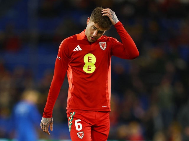 Wales' Joe Rodon during the warm up on March 21, 2024