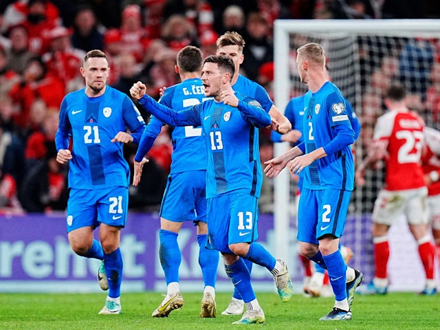 Slovenia's Erik Janza celebrates scoring their first goal on November 17, 2023