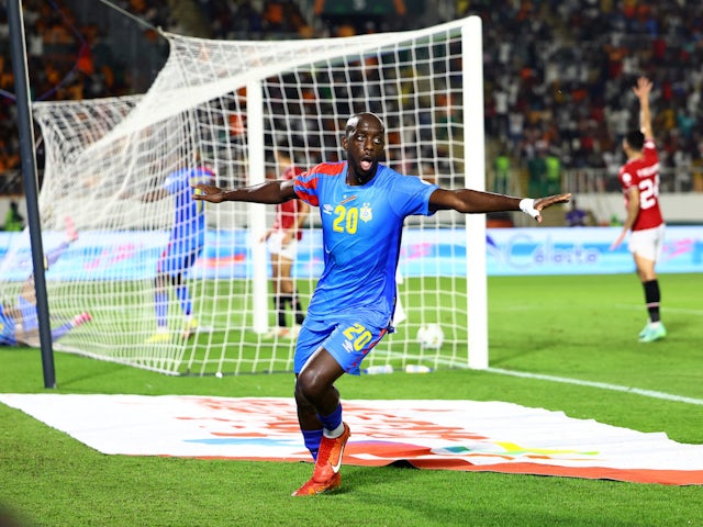 DR Congo's Yoane Wissa celebrates after Meschack Elia scores their first goal on January 28, 2024