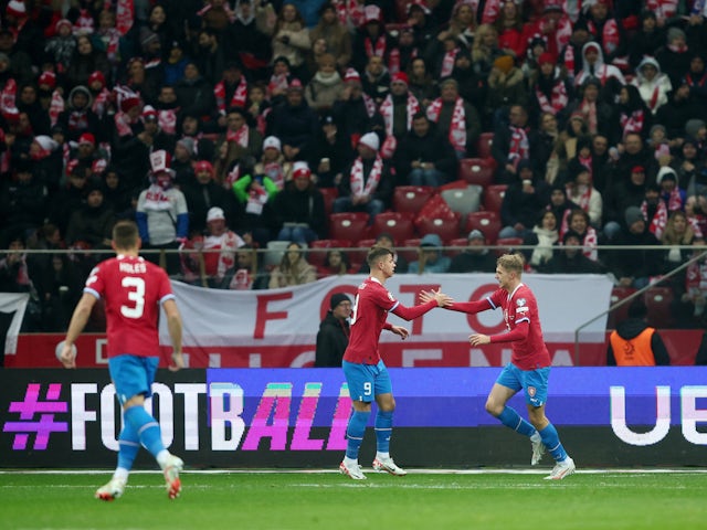 Czech Republic's Adam Hlozek and David Zima celebrate after Tomas Soucek scores their first goal on November 17, 2023