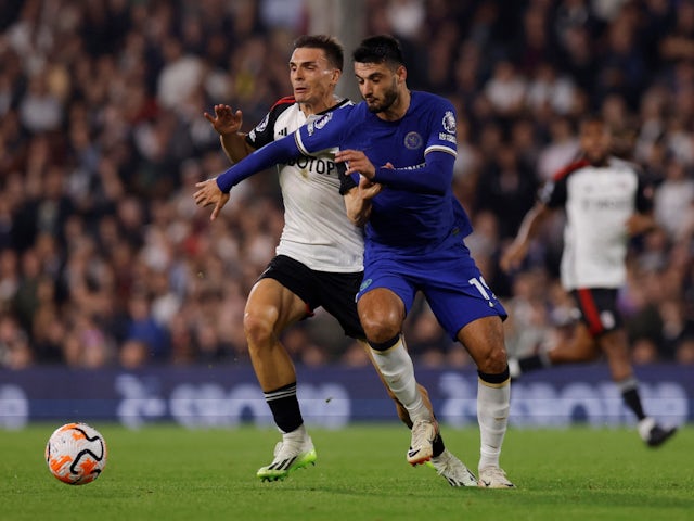 Fulham's Joao Palhinha in action with Chelsea's Armando Broja on October 2, 2023