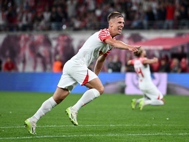 RB Leipzig's Dani Olmo celebrates scoring their second goal on August 25, 2023