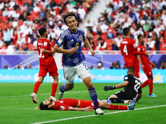  Ayase Ueda celebrates his goal for Japan against Bahrain at the Asian Cup