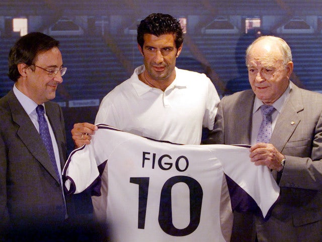 Luis Figo is unveiled by Real Madrid after moving from Barcelona in July 2000