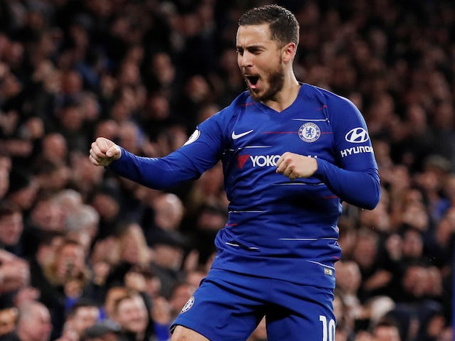 Eden Hazard celebrates scoring for Chelsea on April 3, 2019