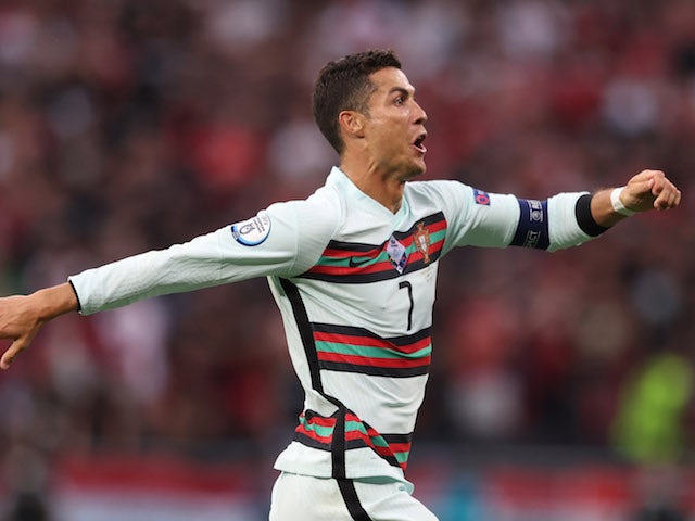 Portugal's Cristiano Ronaldo celebrates scoring against Hungary at Euro 2020 on June 15, 2021