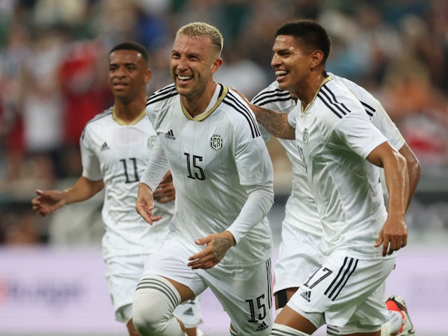 Costa Rica's Francisco Calvo celebrates scoring their first goal with Alejandro Bran on September 8, 2023
