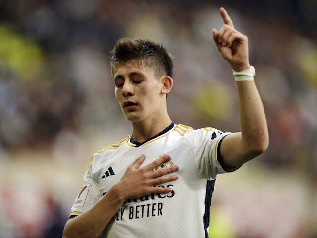 Real Madrid's Arda Guler celebrates scoring against Villarreal on May 19, 2024