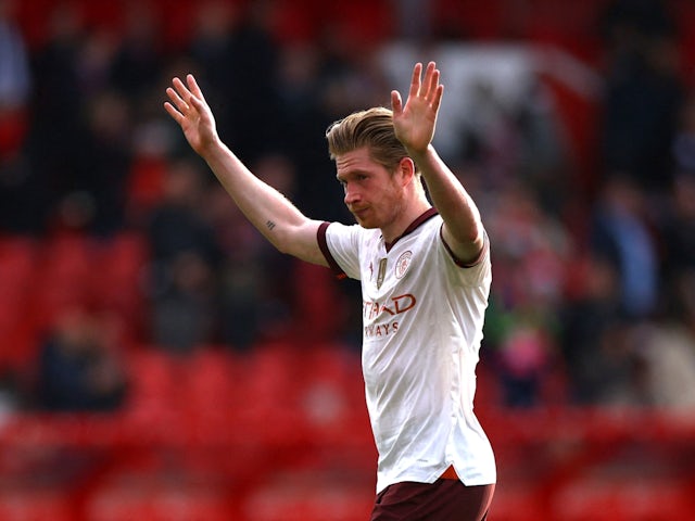 Manchester City's Kevin De Bruyne celebrates after the match on April 28, 2024