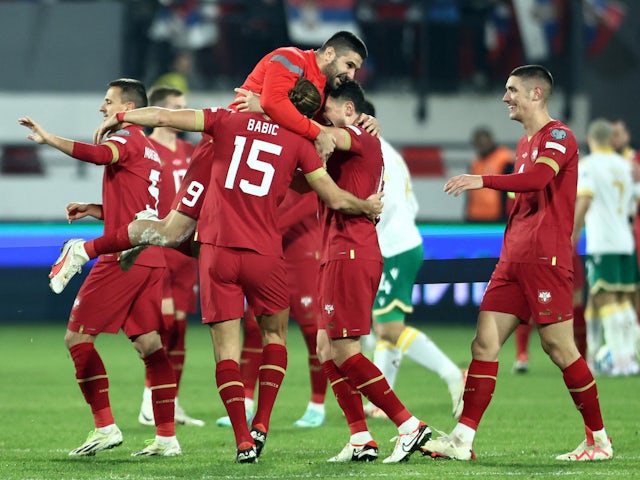 Serbia's Srjdan Babic celebrates with teammates after the match on November 19, 2023