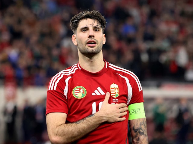 Hungary's Dominik Szoboszlai celebrates after the match on March 22, 2024