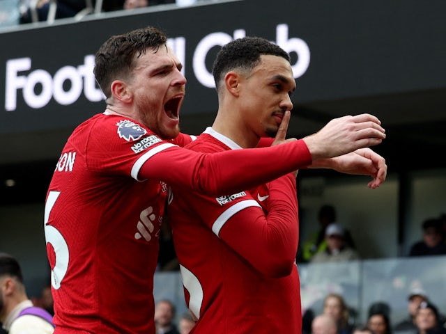 Liverpool's Trent Alexander-Arnold celebrates scoring their first goal on April 20, 2024