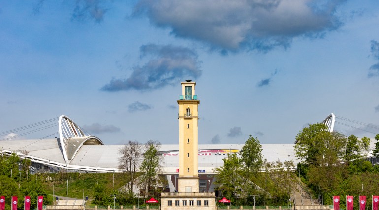 Wide view of entrance to football stadium.