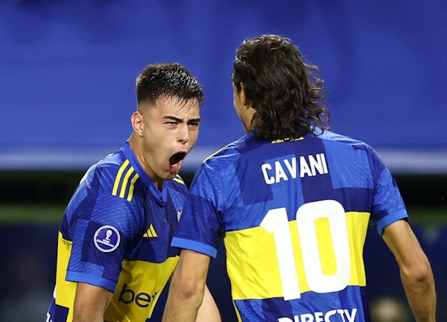 Boca Juniors' Aaron Anselmino celebrates scoring their first goal with Edinson Cavani on May 23, 2024