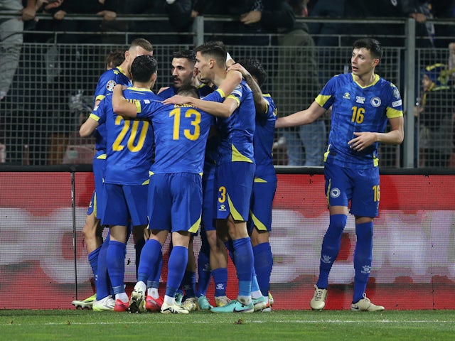 Bosnia and Herzegovina's Amar Dedic celebrates scoring their first goal with teammates on March 21, 2024