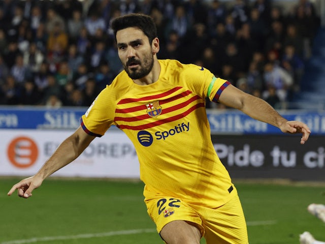 Barcelona's Ilkay Gundogan celebrates scoring against Alaves on February 3, 2024