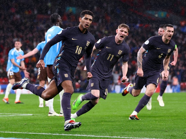 England's Jude Bellingham celebrates scoring their second goal on March 26, 2024