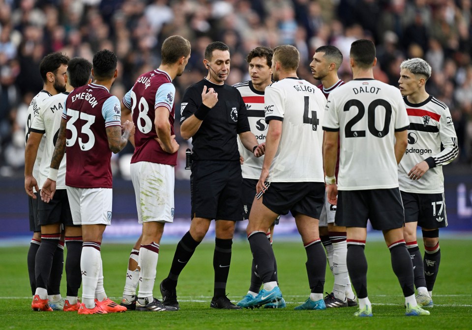 Man Utd players were left furious with the decision as Michael Oliver on VAR overruled the ref's on-field decision NOT to award a penalty