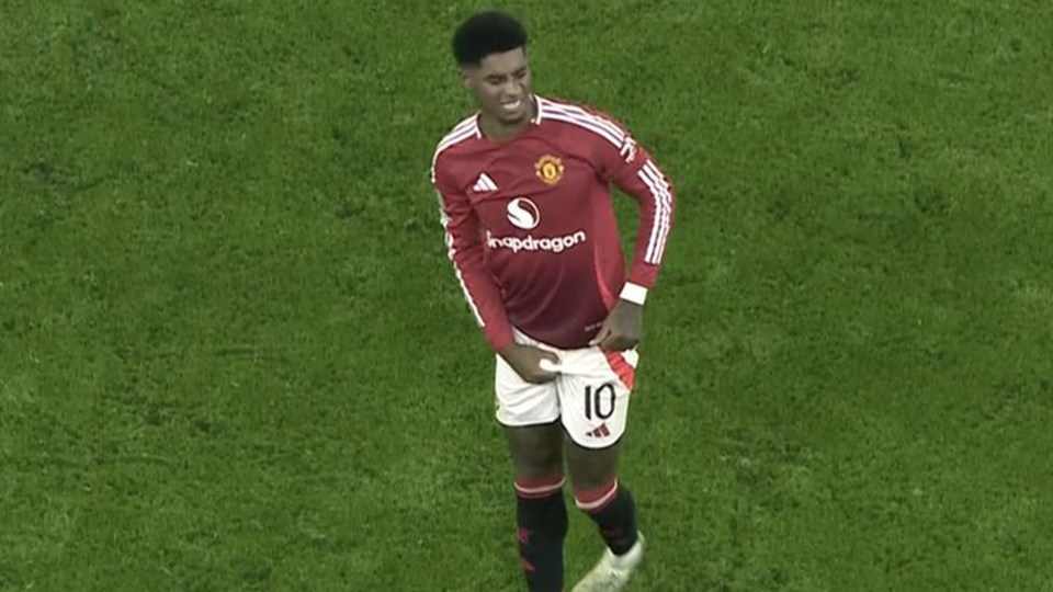 Marcus Rashford was left holding his groin after a stray boot
