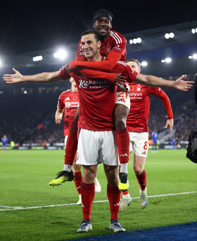 Chris Wood celebrates his match-winning double for Forest