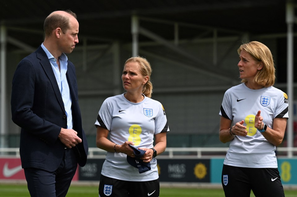 Prince William speaking with Sarina Wiegman and Anja Van Ginhoven (right) on June 15, 2022