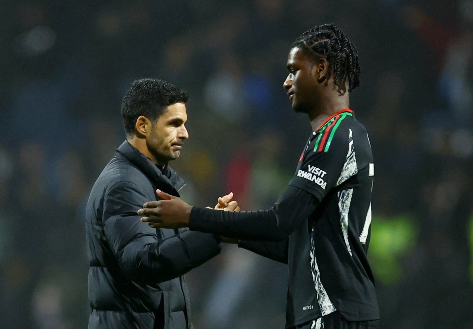 Ayden Heaven is greeted by Mikel Arteta after his debut against Preston