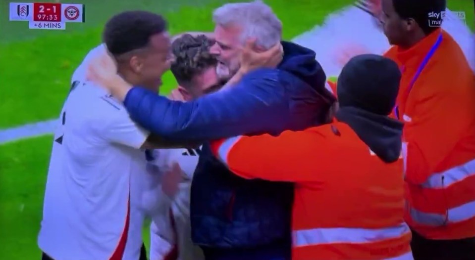 A fan celebrated Fulham's late win over Brentford on the pitch with players