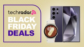 Assorted Samsung products on a sandy background with Black Friday deals text overlay
