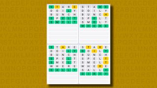 Quordle Daily Sequence answers for game 1033 on a yellow background