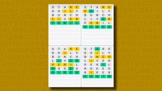 Quordle Daily Sequence answers for game 1201 on a yellow background