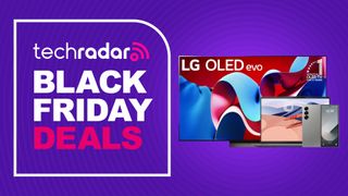 Assorted tech products on purple background with techradar black friday deals text overlay