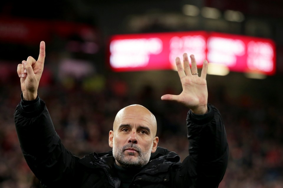 Pep Guardiola held up six fingers to the fans at Anfield