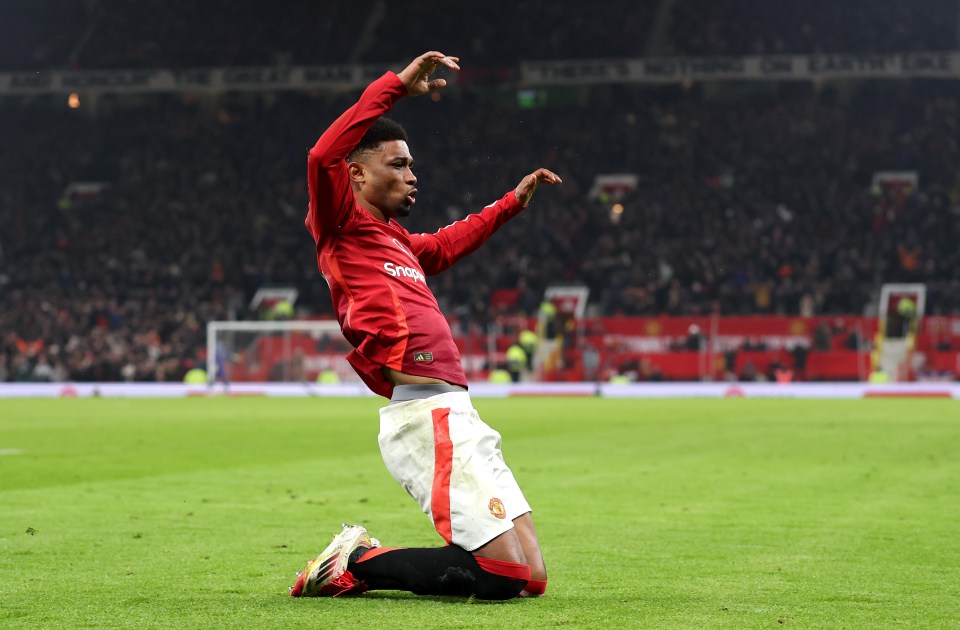 Amad Diallo of Manchester United celebrates scoring a goal.