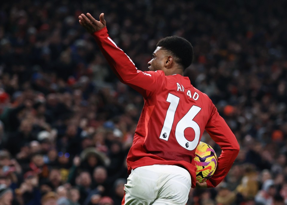 Amad Diallo of Manchester United celebrates scoring a goal.