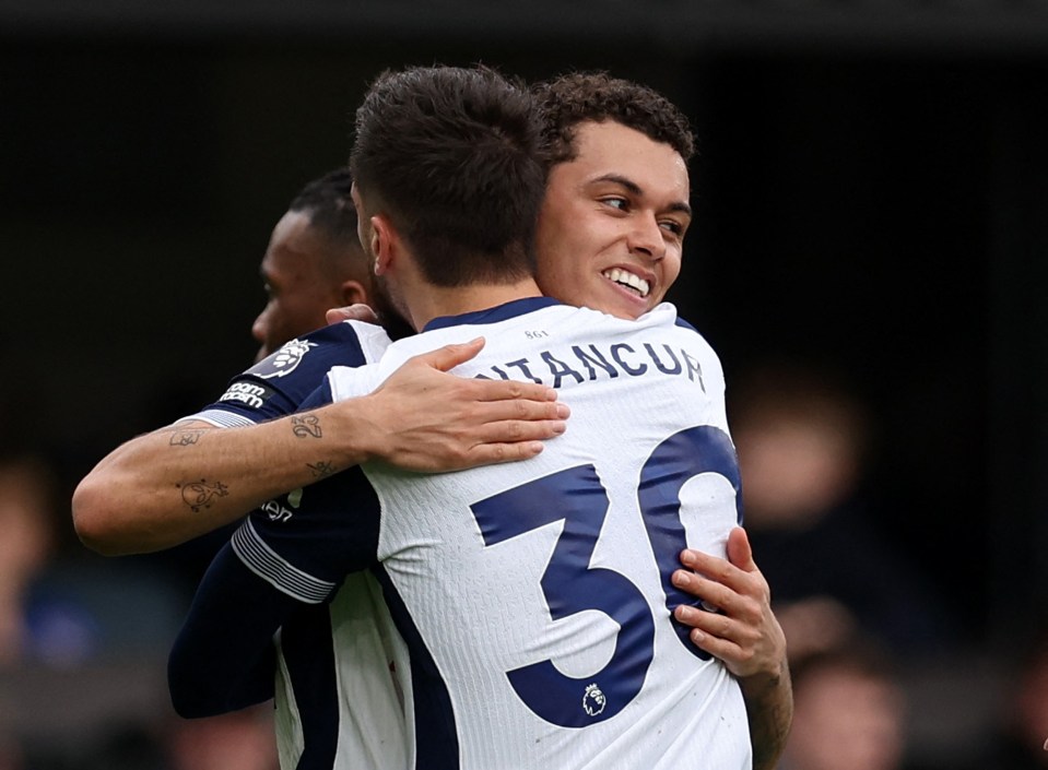 Brennan Johnson and Rodrigo Bentancur celebrating a goal.