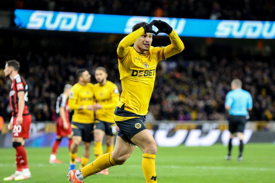 Joao Gomes celebrates scoring an equalizing goal during a Wolverhampton Wanderers and Fulham soccer match.