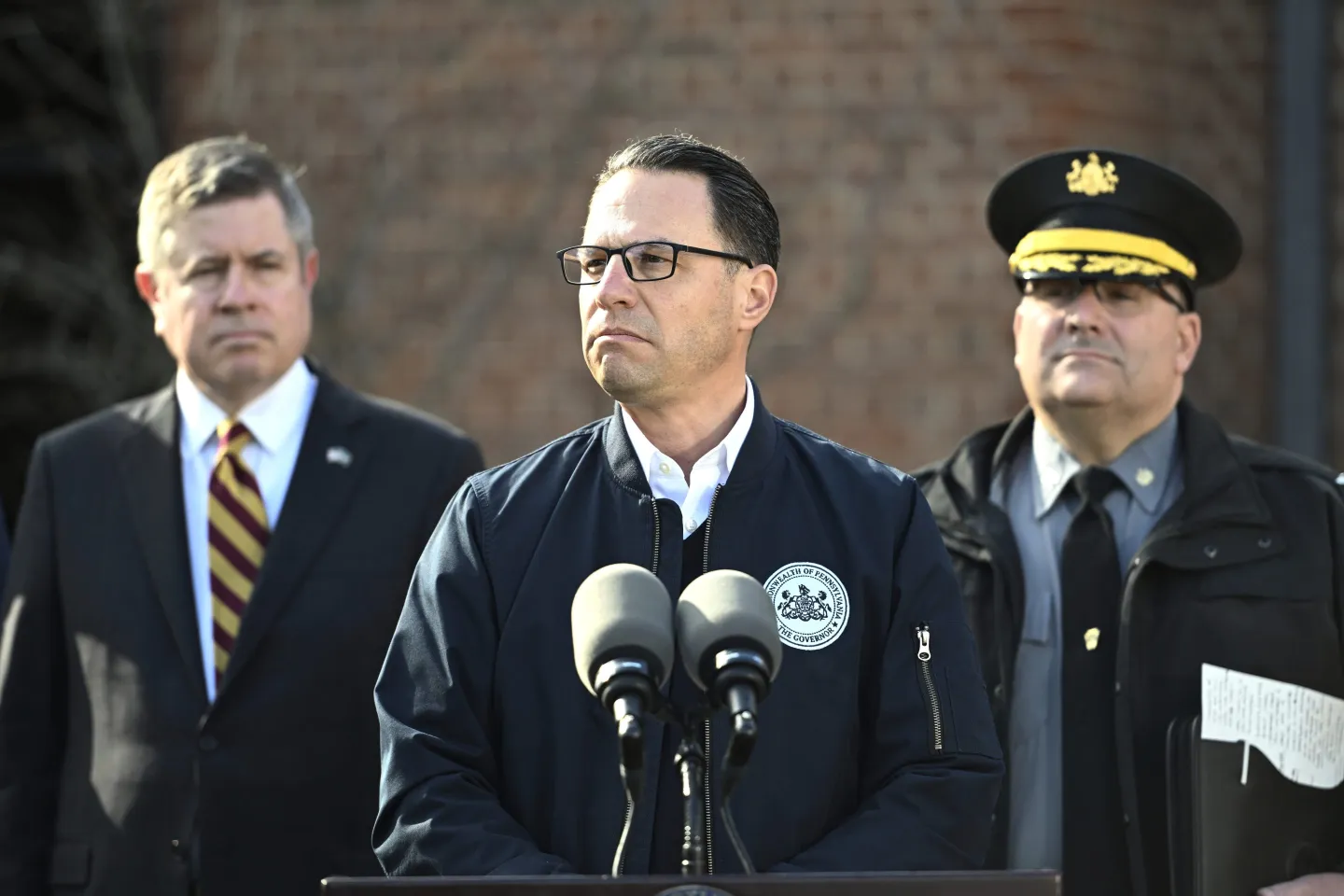 Pennsylvania Gov. Josh Shapiro pauses during a news conference at the governor's official residence discussing the alleged arson that forced him, his family and guests to flee in the middle of the night on the Jewish holiday of Passover, on Apr. 13, 2025, in Harrisburg, Pa.