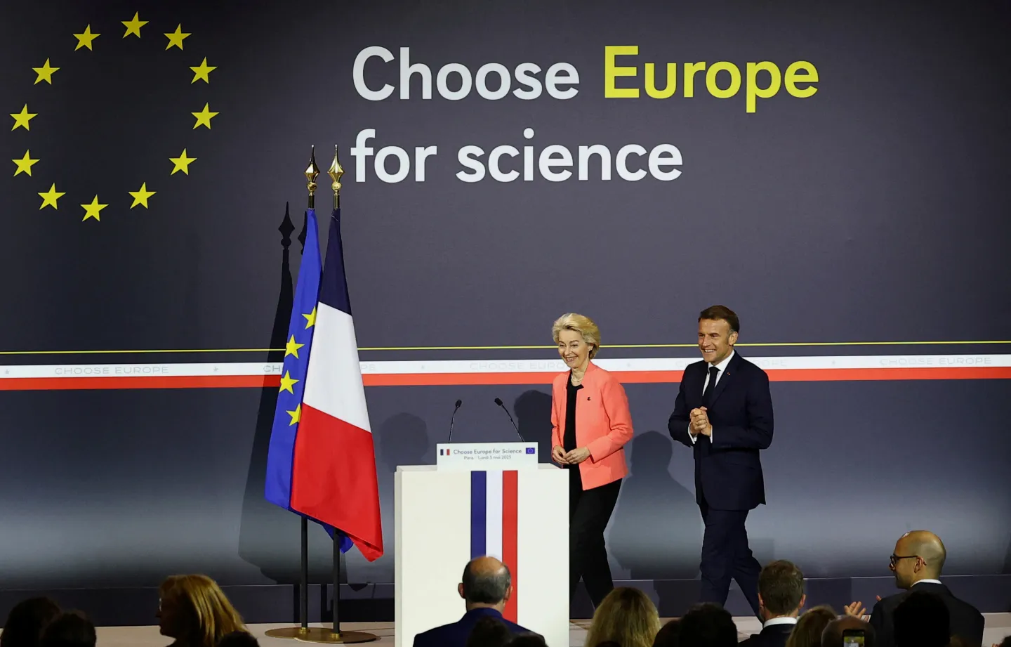 French President Emmanuel Macron and European Commission President Ursula Von der Leyen attend the "Choose Europe for Science" event, to encourage researchers and scientists from all over the world to practice in Europe, at the Sorbonne University in Paris, on May 5, 2025.(