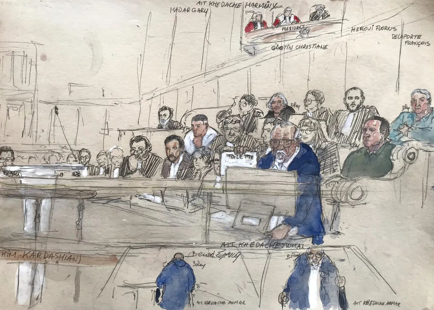 This court sketch shows defendants Aomar Ait Khedache (C, front), Francois Delaporte (R, up), Florus Heroui (2nd R, up) and Christiane Glotin (4th T, up) during the trial for the 2016 robbery and kidnapping of Kim Kardashian at the Assize Court of Paris, on April 28, 2025. 