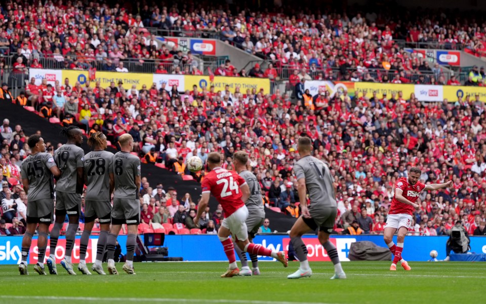 Soccer player kicking a free kick during a match.