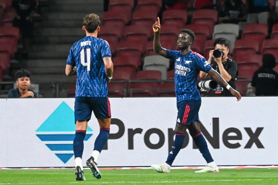Arsenal's Bukayo Saka celebrates a goal.