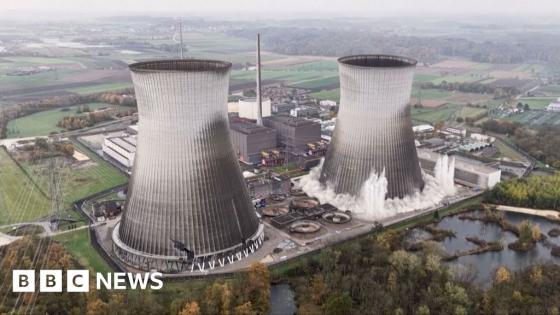 Moment nuclear plant towers collapse during demolition