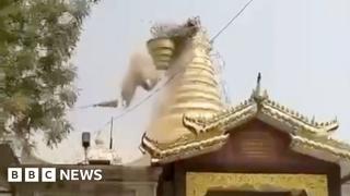 Moment pagoda collapses in Myanmar after earthquake