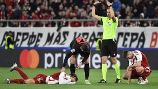 Olympiacos team-mates in freak collision leaving defenders covered in blood during Champions League clash
