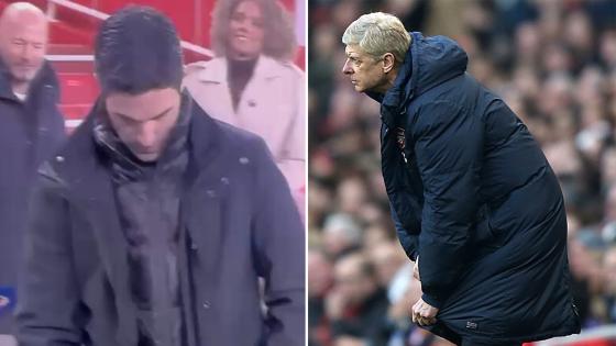Mikel Arteta goes full Arsene Wenger as he struggles to do up his coat after Arsenal’s win over Man Utd