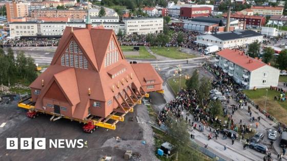 Drone footage shows final leg of Swedish church’s move